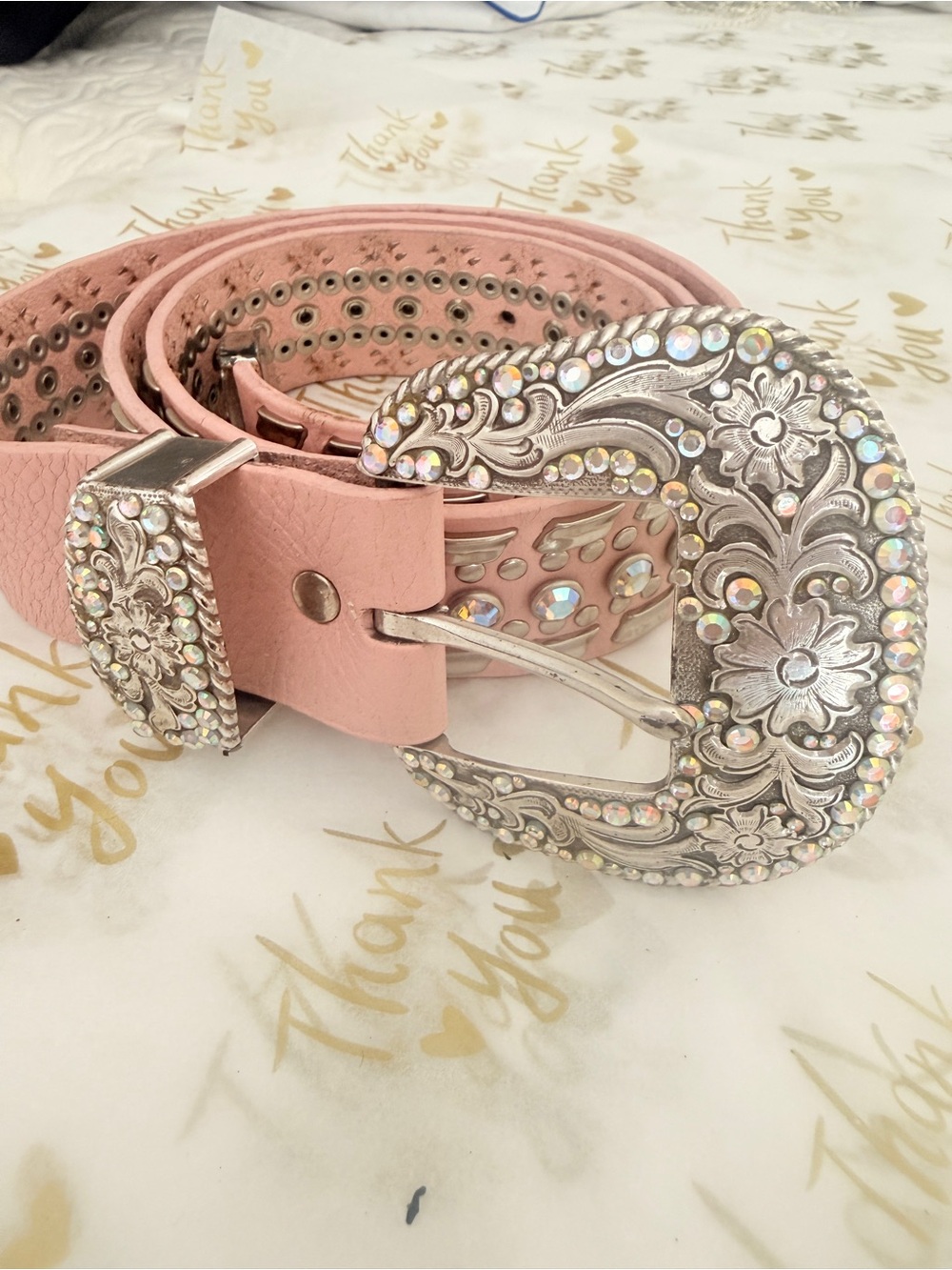 Source Unknown Pink Western Floral Rhinestone Belt